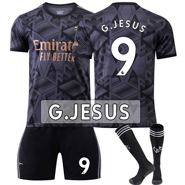 22-23 Arsenal udebane sort nr. 7 Saka 9 Lacazette 19 Pepe 14 Aubameyang fodboldtrøjesæt No. 9 Jesus with socks Children's size 26