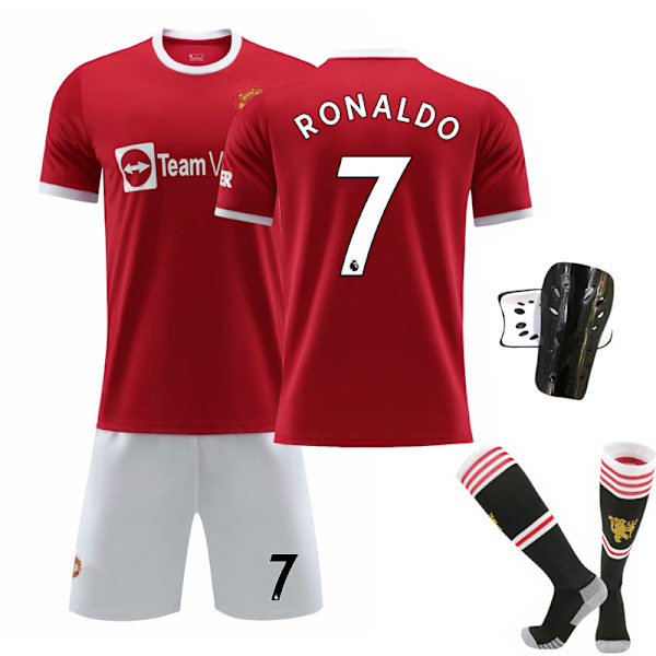 21-22 Ny Red Devils Hjemme Nr. 7 Ronaldo Trøje Nr. 6 Pogba Fodboldtrøje Sæt Nr. 18 Stjerne med Originale Sokker No. 10 with socks + protective gear M#