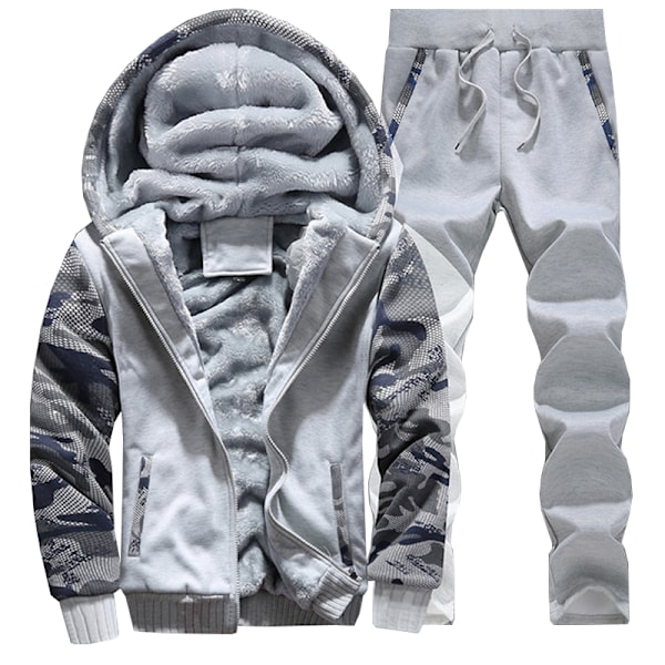 Mænds Fleece Tracksuit Sæt Sport Hoody Hoodie Top Bukser Bukser Lysegrå Light Grey 2XL