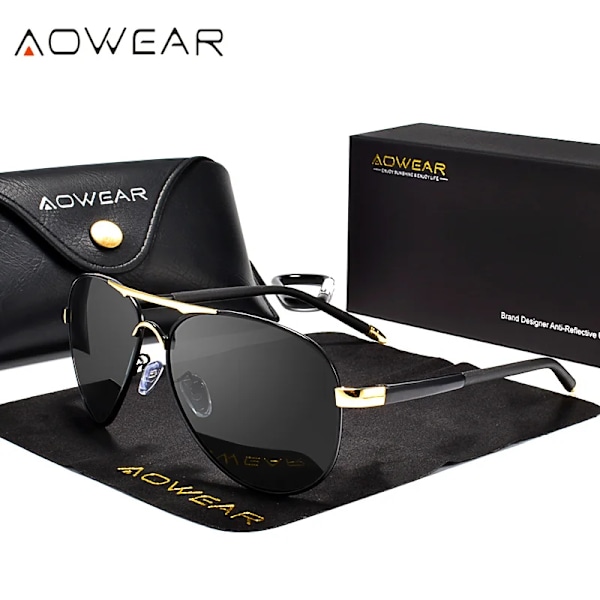 AOWEAR Brand Designer Polariseret Solbriller Mænd Aviation Coating Spejl Solbriller til Mænd Kvinder oculos gafas lentes de sol Guld Sort Gold Black AOWEAR