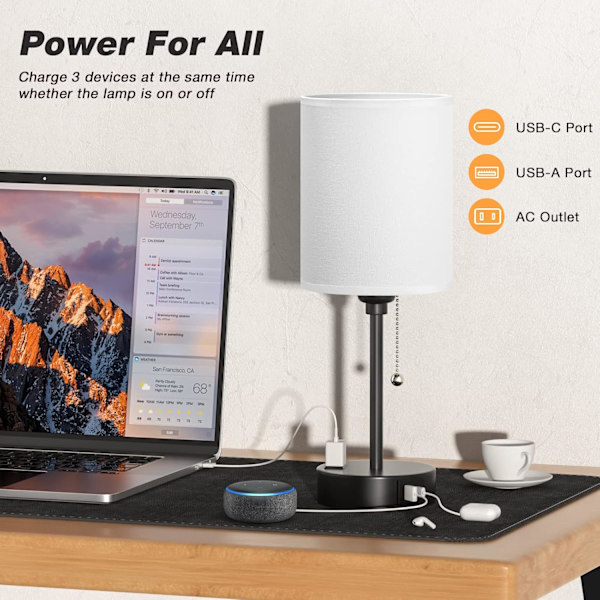 Liten soveromslampe med USB-C og A-porter, 3 fargetemperaturer - 2700K 3500K