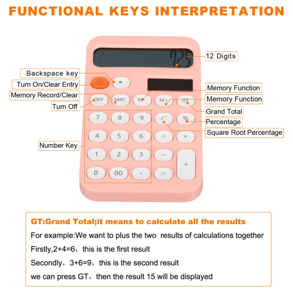 Pöytälaskin, 12-numeroinen suuri LCD-näyttö, vakiotoimintoinen pöytälaskin, kannettava söpö laskin kotitoimistoon, vaaleanpunainen Pink