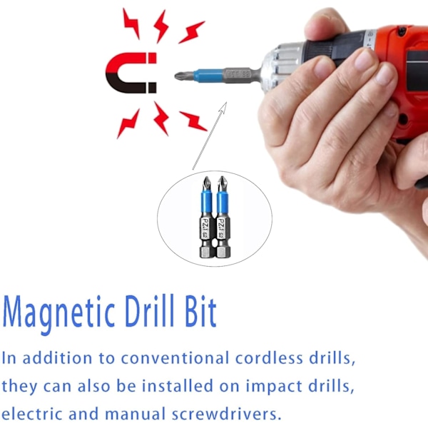 12 stk Magnetiske Slagbits, Slagbits Magnetiske Skrutrekkere Bits Pz2 Slagbits, Batteridrevne Borbits