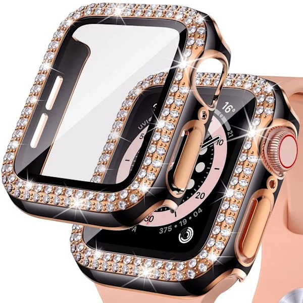 Bling Glass+ cover til Apple Watch Case 45mm 41mm 40mm 44mm 42mm 38mm Diamant bumper+skærmbeskytter iwatch serie 7 9 8 5 6 SE B sort ro B black rose 44mm Series 654 SE