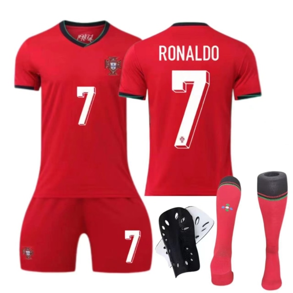 Europeiska cupen - Portugal hemmatröja nr 7 Ronaldo barn- och vuxenkläder fotbollströja Size 7 socks + protective gear 16【Children】