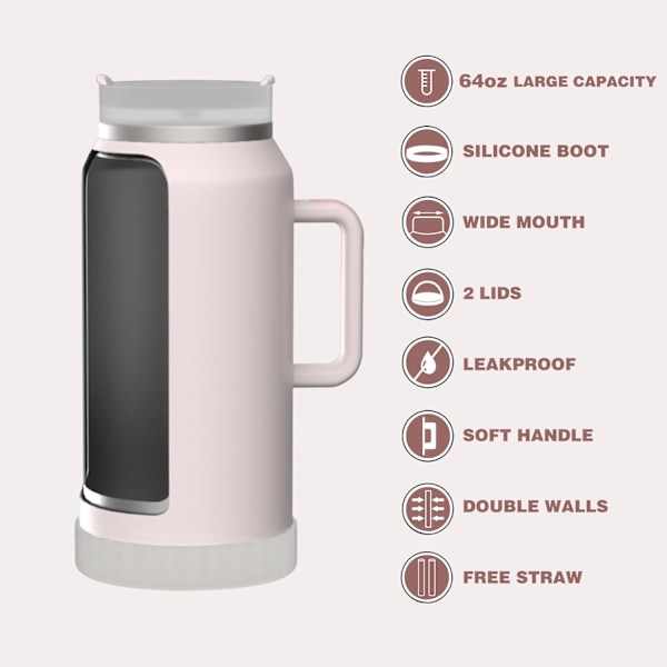 Vannflaske 64oz Tumbler med Håndtak og Sugerør Halv Gallon Isolerende Rustfritt 1