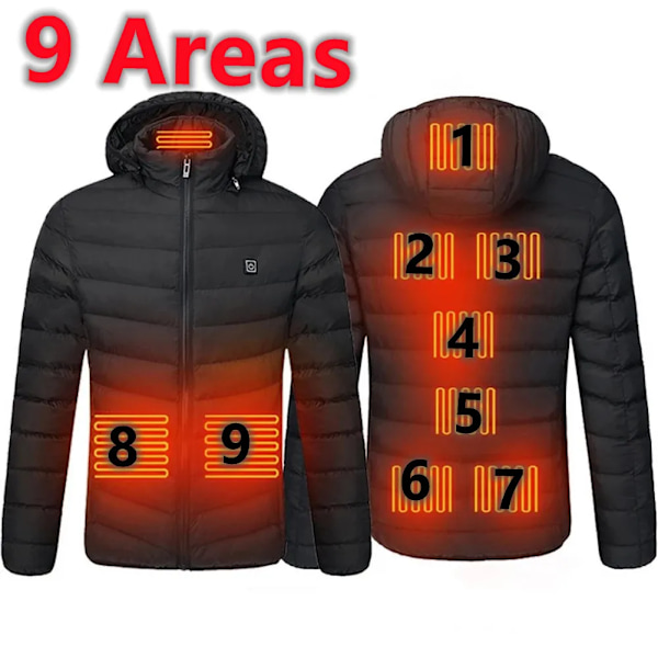 Herrar 19 Zoner Uppvärmd Jacka USB Vinter Utomhus Elektrisk Uppvärmning Jackor Varma Sport Termisk Kappa Kläder Uppvärmd Bomullsjacka 9 Zoner Svart 9 Areas Black Asian size 3XL