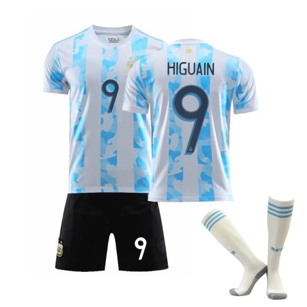 2021 Argentina tröja Maradona nr 10 Messi spel sport träning hem och borta fotboll uniform kostym män Home No. 9 with socks Adult size M