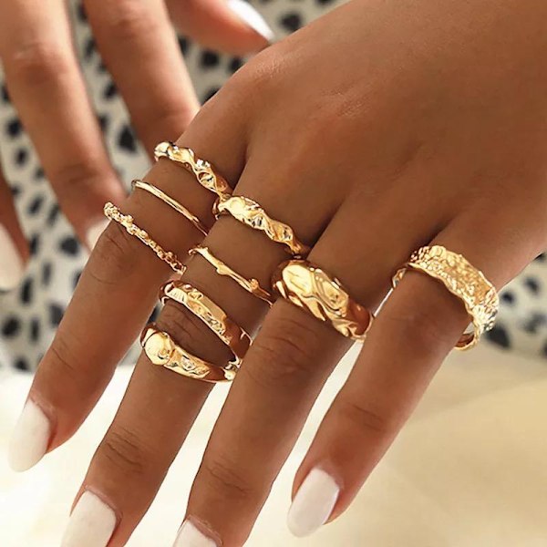 9-pak Ringe - Blanke, Matte & Forskellige Mønstre gold