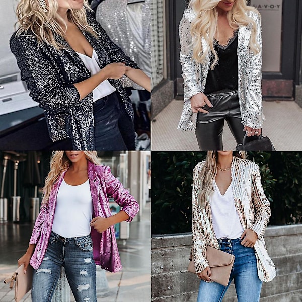 Kvinders Sequinjakke, Glitter Sparkle Casual Langærmet Blazer Frakke Black S