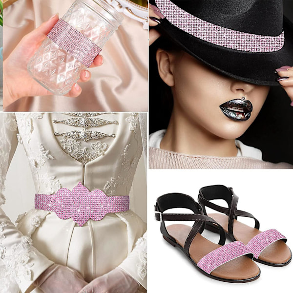 Pink4 Itsekiinnittyvä strassinauha kristallikoriste tarra itsekiinnittyvä kristalli strassi timanttinauha (4 riviä + 6 riviä + 8 riviä + 10 riviä)