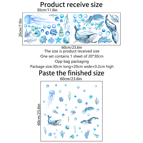 Seinän tarrat - Luminoidut sinisen meren elämän seinätarrat - Merenalaisen valtameren olentojen seinätaidetarra lapsille Poikien makuuhuone Kylpyhuone