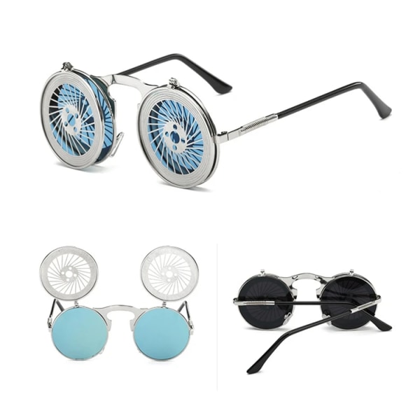 Retro-henkilöllisyyden heijastavat uudet miesten metalliset aurinkolasit Steampunk-käännettävät aurinkolasit 2024 C6  Picture Color Round Sunglasses