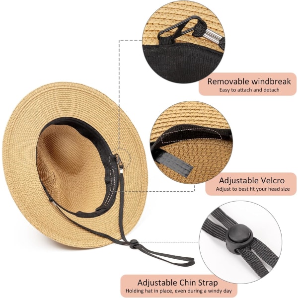 Naisten olkihattu Panama Fedora Beach Sol Hat Bred Brätte Straw Roll up Hat UPF 50+ 1kpl: Khaki Tribal Styl 1pc: Khaki Tribal Style One Size