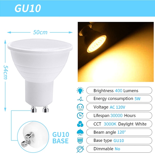 LED GU10 Spotlight-lampor, 5W Varmvit 3000K (50W Halogen-ekvivalent) Energisparande lampa, 400LM 120° Stråle Icke-dimmbar, 10-pack