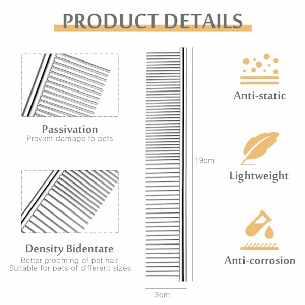Ruostumattomasta teräksestä valmistettu lemmikkieläinten hoitoon tarkoitettu koiran kampa pyöristetyillä hampailla suurille, keskikokoisille ja pienille koirille ja kissoille lyhyellä/pitkällä turkilla (19 x 3 cm)