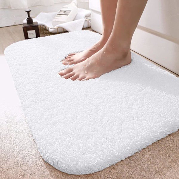 Bath Mat 40 x 60cm, Non-Slip Absorbent Bathroom Mat, Soft Shower Mat, Machine Washable Microfiber for Bathroom (White)