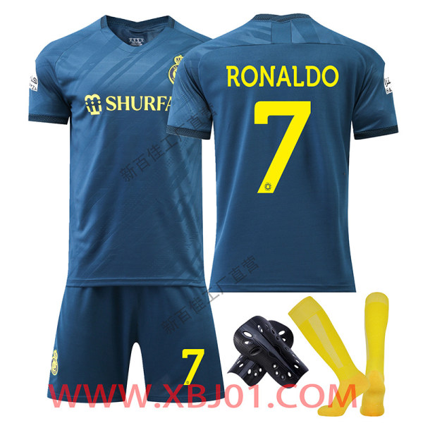 2023-24 Saudi League Riyadh Victory Away Jersey No. 7 Ronaldo lyhythihainen jalkapallopaita lasten setti No number + blue socks + gear Children 16