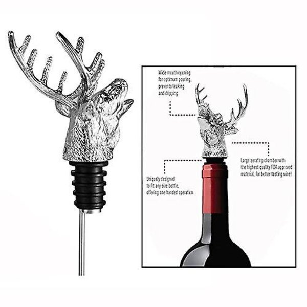 Vinkaraffer och flaskhållare i zinklegering med hjorthuvudform med läckagesäker propp (silver)