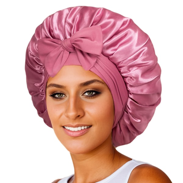 Satin Bonnet Silke Bonnet Til Søvn Dobbelt Laget Satinforet Hår Bonnet Med Bind Bonnets Til Kvinder Naturligt Krøllet Hår Dark bean pink