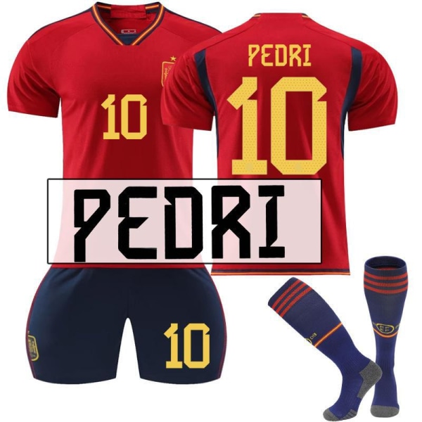 22-23 Spanien hjemme rød nr. 9 Gavi 7 Morata 10 Pedri 17 Fati VM fodboldsæt No. 10 Pedri with socks #22