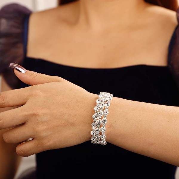 3-rad vintage silver helkristall stretch armband glitter