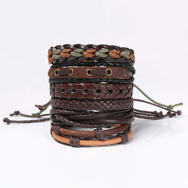 Læderarmbånd, 6 stk. justerbar fashion punk flettet mænd og kvinder reb armbånd manchet vintage sæt serie