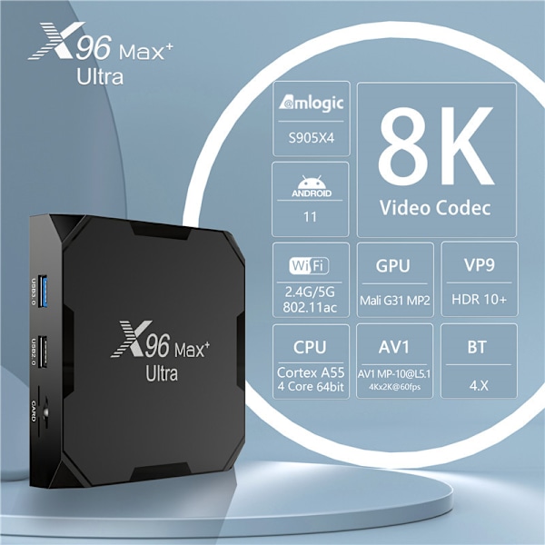 4 Gt 64 Gt X96 Max Plus Ultra TV-laatikko Android 11 Amlogic S905X4 2,4 Gt/5 Gt Dual WiFi BT4.0 USB3.0 Tukee AV1 H.265 8K 24fps 4K 60fps HDR Set Top Box EU EU 4GB 32GB