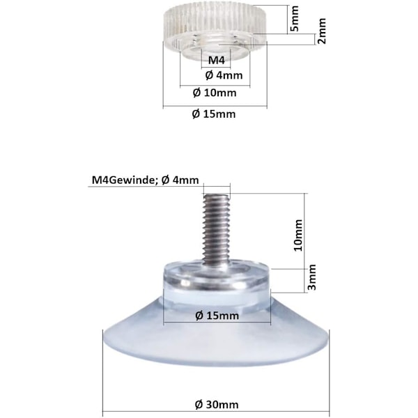 8 x sugekopper Ø 30 mm med M4x10 mm gevind med riflet nu, ZQKLA