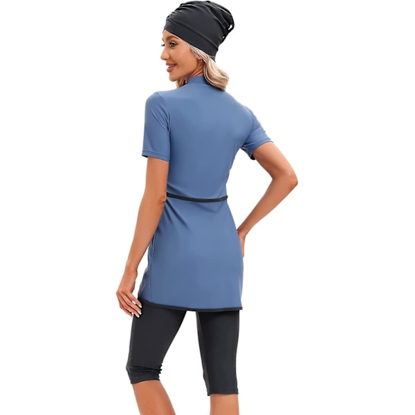 Modest baddräkt för damer, islamisk muslimsk badkläder, kortärmad topp med dragkedja fram, shorts, hijab, 3-delad baddräkt S-4xl Tangrui Dusty Blue(FQ) Dusty Blue L