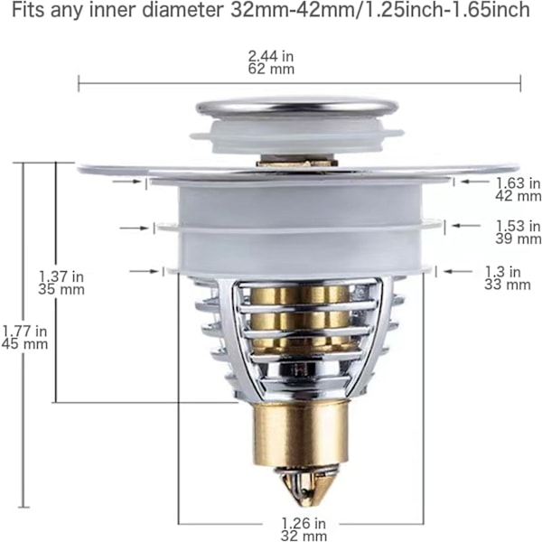 Universal Badeværelsesvask Propper, Pop-Up Vask Hul Propper Dæksel med Si til 32-42mm Aftapningshul, Rustfrit Stål Push Style Propper til Vask