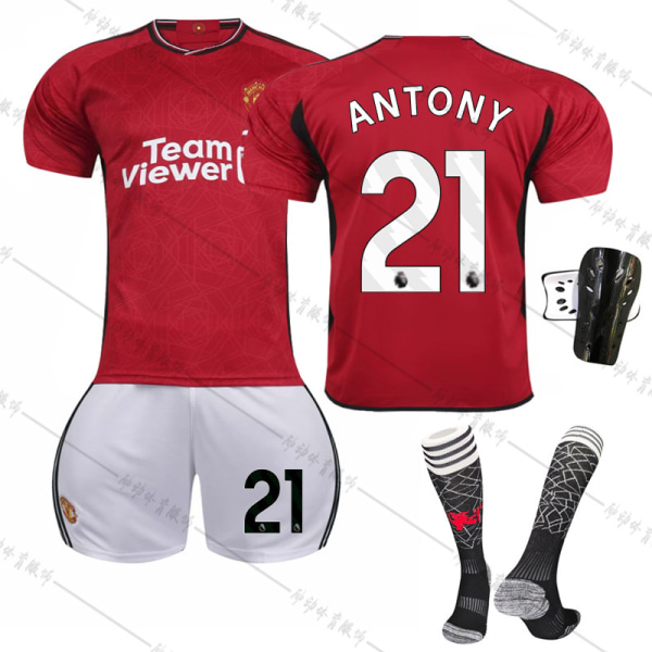 23-24 Manchester United hemtröja Red Devils fotbollströja set nr 10 Rashford 21 Anthony 25 Sancho 7 Mount No. 25 with socks + protective gear #L