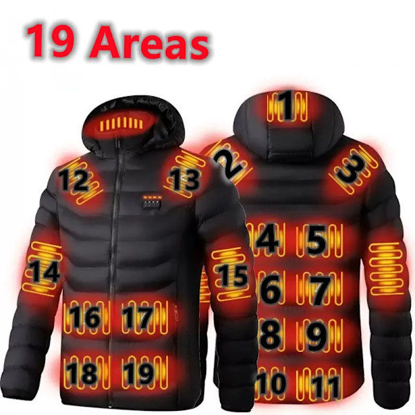 Herrar 19 Zoner Uppvärmd Jacka USB Vinter Utomhus Elektrisk Uppvärmning Jackor Varma Sport Termisk Rock Kläder Uppvärmd Bomullsjacka 19 Zoner Svart 19 Areas Black Asian size L