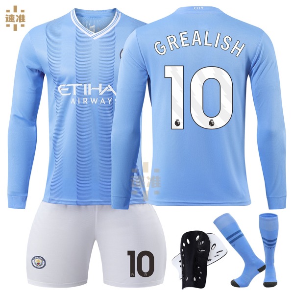 23-24 Manchester City hemtröja långärmad nr 9 Haaland 17 De Bruyne 10 Grealish fotbollströja korrekt tröja number 17 Children's size 22
