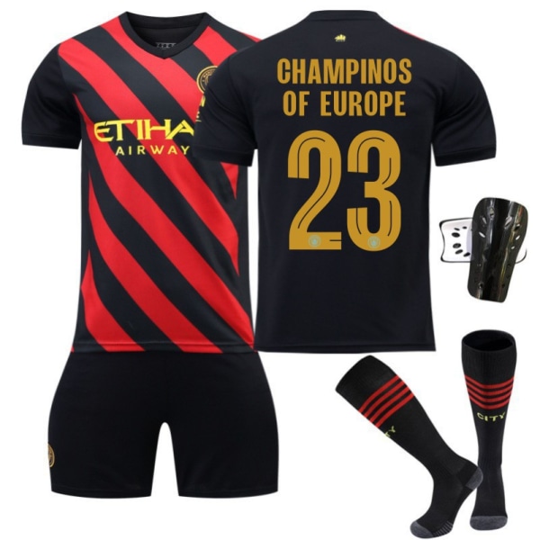 2023-24 Manchester Cityn mestaruuskilpailun muistopainos Uusi fontti Kulta Nro 23 MESTAREIDEN sarja Koti- ja vierasjalkapallopaita Green No. 23 belt + protective gear 18 yards