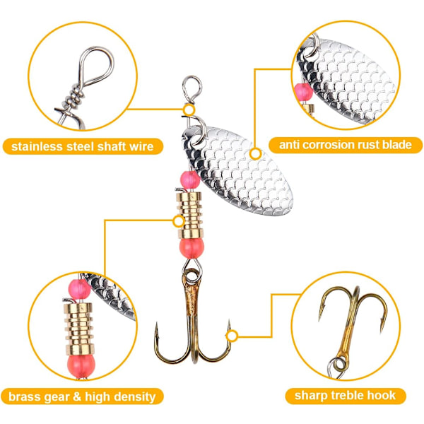 Spinner Blinker Set, 16 stycken Fiskebeten med Träkrokar, Pailletter Konstgjorda Beten för Öring, Abborre, Lax, Gädda