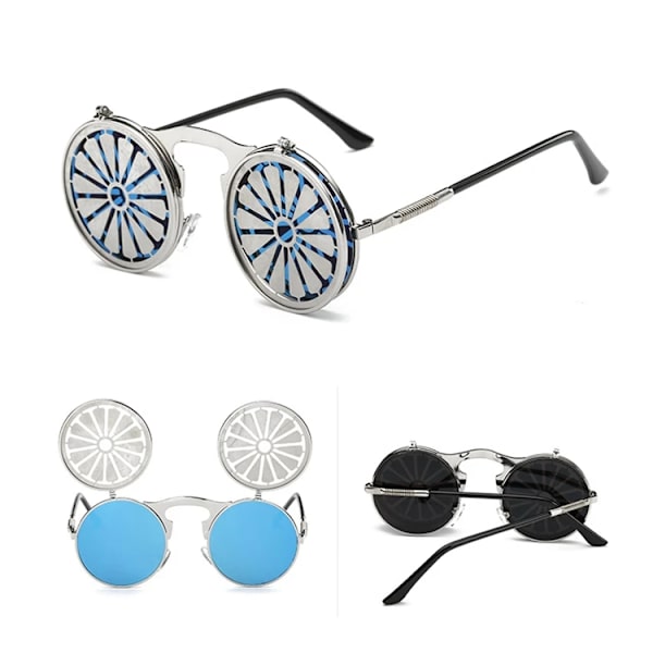 Retro-henkilöllisyyden heijastavat uudet miesten metalliset aurinkolasit Steampunk-käännettävät aurinkolasit 2024 C3  Picture Color Round Sunglasses