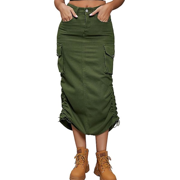 Dame Casual Jeanskjørt Høy Midje Stretch Lange Skjørt Green M