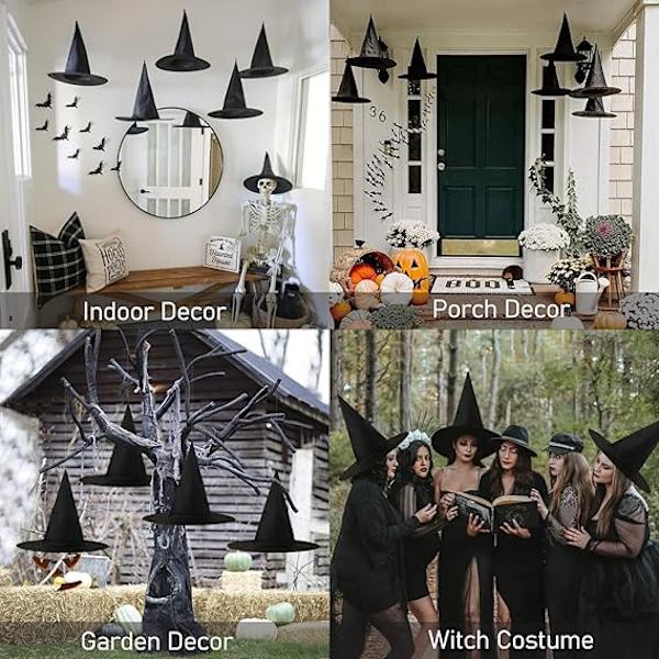 12 kpl Halloween Musta Noitakypärä Kostyymi Asuste Koristeet, Paksuuntunut Riippuva Noitahattujen Paketti Naisille Lapsille Riippuva Köysi Kelluva Veranta