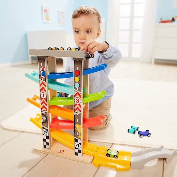 Træbilrampe Racetrack Legetøj Toddler Playset Udskiftningsbiler 12-pak