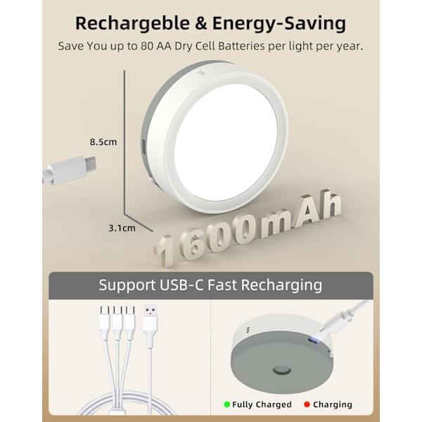 USB-uppladdningsbara Pucklampor med Fjärrkontroll, 1600mAh Batteridrivna Trycklampor, Klistra fast Magnetiska Taplampor