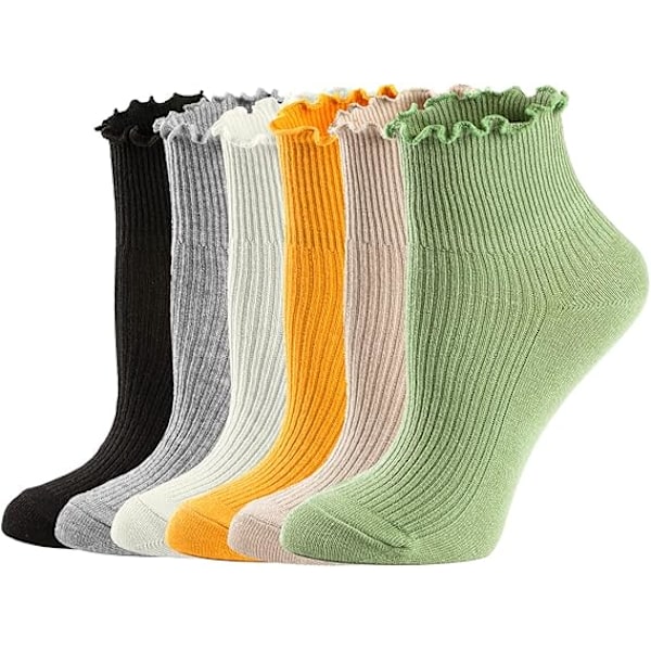 Damesokker, Ruffled Turn-Cuff Casual Ankelsokker Pustende Kule Strikket Bomulls Lettuce Crew Frillete Sokker 6-pakning