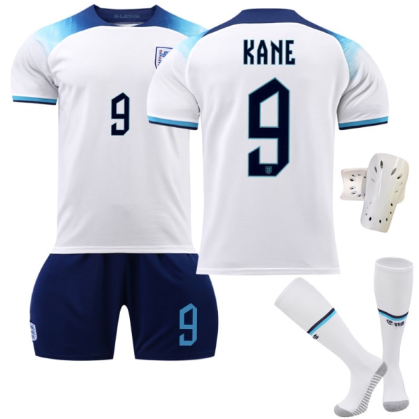22-23 England hem World Cup tröja nr 9 Kane 10 Sterling 19 Mount 20 Foden fotbollströja No. 9 with socks + protective gear #24