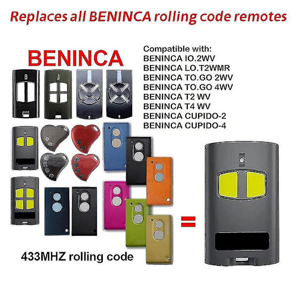 Beninca To Go 2wv 4wv 2va 4va Cupido-2 Cupido-4 Garagedörrs fjärrkontroll Ersättning 433.92mhz Rullande Kod Pilot Beninca Grinden-a db 2pcs BENINCA