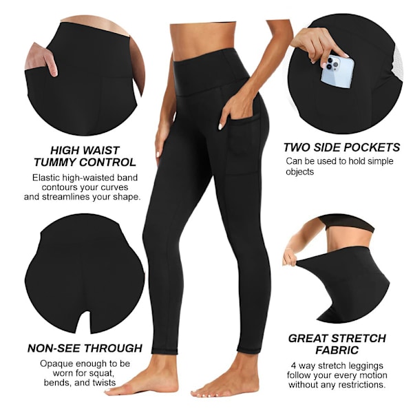 Højtaljede yogabukser med dobbeltsidede lommer, ni-punkts yogaleggings, sort-M