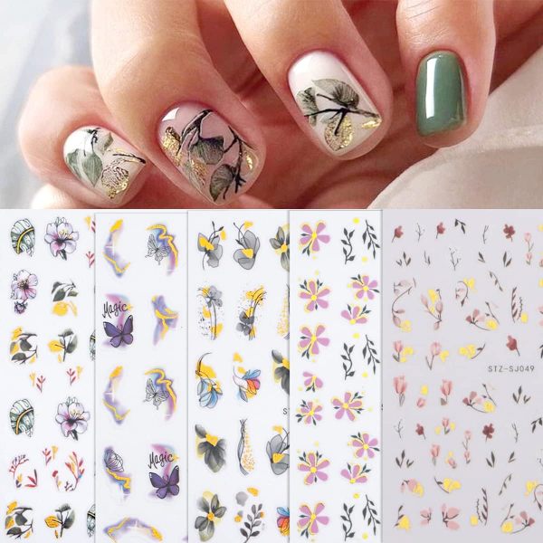 PCS Blommor Nagel Dekaler Dekaler Marmor Design Klistermärken Självhäftande Dekaler Blommor Fjäril Vattenfärg Nagel Dekaler för DIY Manikyr Dekoration