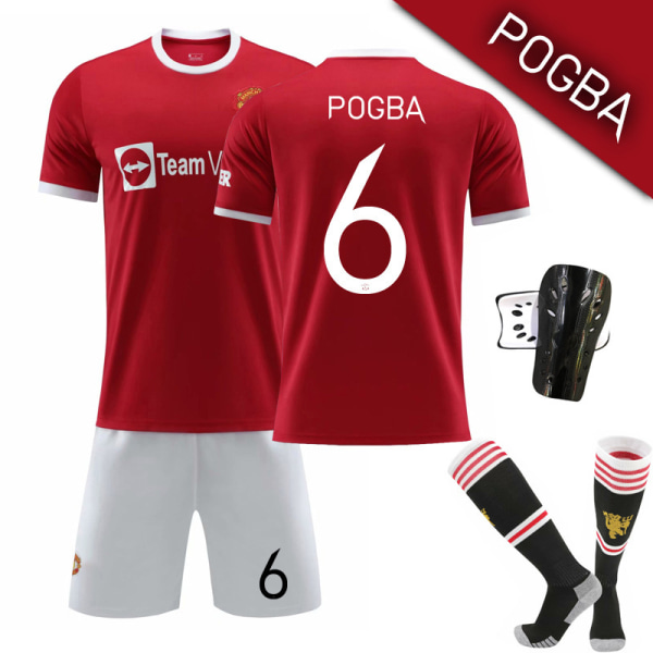 21-22 Champions League version av Red Devils hemma nr 7 Ronaldo tröja nr 6 Pogba nr 10 Rashford vuxen dräkt Size 6 with socks + protective gear XL#