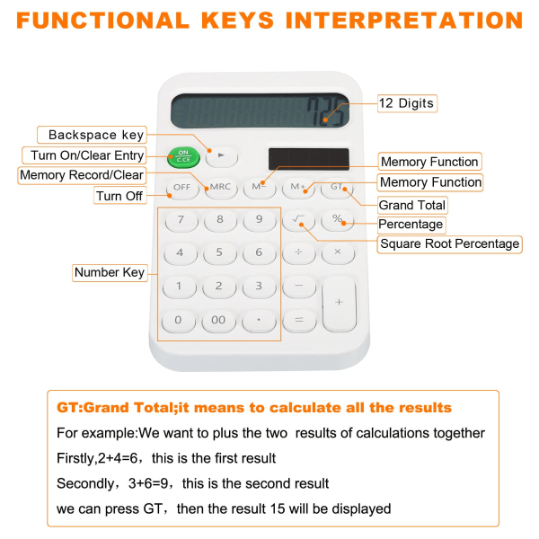 Pöytälaskin, 12-numeroinen suuri LCD-näyttö, vakiotoimintoinen pöytälaskin, kannettava söpö laskin kotitoimistoon, valkoinen White