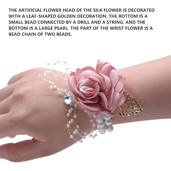 Blommig bröllopshandledskorsage med strass och pärla, handblomsterarmband i siden, rosa boutonniere-set för bröllop och brudparty