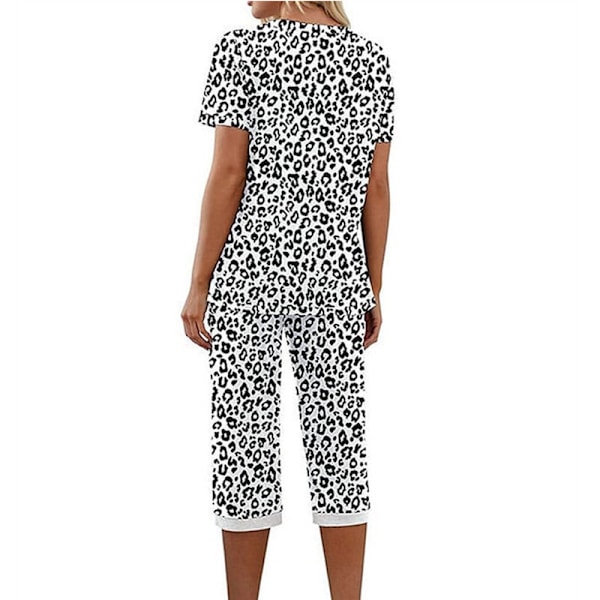 Dam 2-delad pyjamas, kortärmad t-shirt och capribyxor, vit leopardmönster White Leopard Pattern 2XL